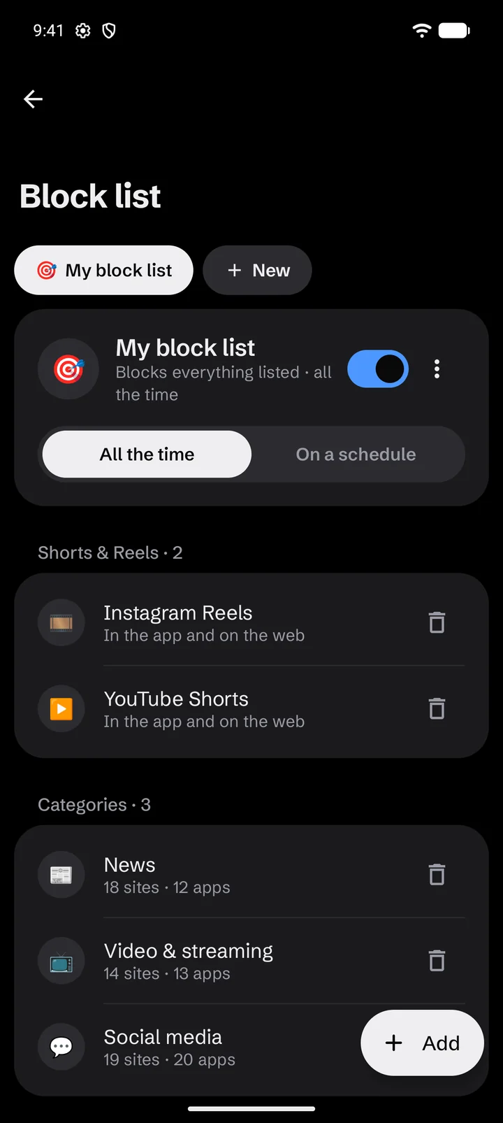 A block list with Instagram Reels and YouTube Shorts blocked in the app and on the web, plus the News, Video and streaming, and Social media categories.