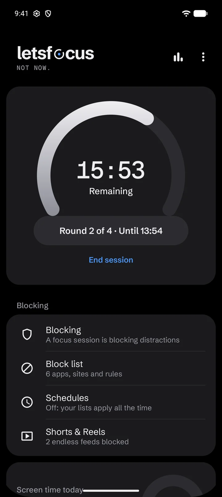 The LetsFocus home screen during a focus session: 15 minutes 53 seconds remaining, round 2 of 4.