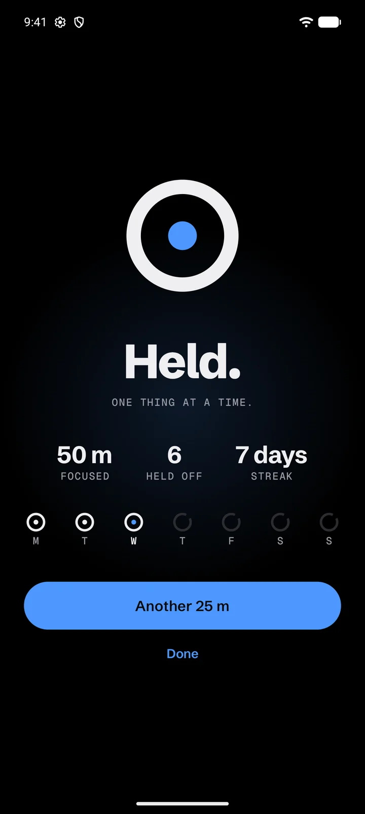 The Held screen after a session: 50 minutes focused, 6 held off, a 7 day streak, and closed rings for Monday to Wednesday.