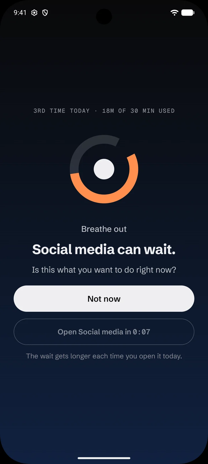 The breathing pause in LetsFocus. It reads: Social media can wait. Is this what you want to do right now? Below are a Not now button and a countdown before the app can open.